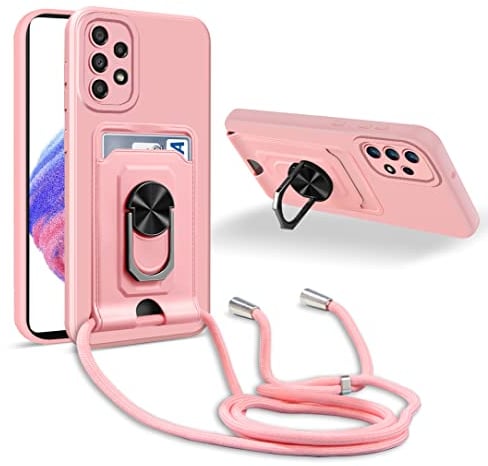 JMstore Handykette Schutzhülle Kompatibel mit Samsung Galaxy A53 5G,360° Ring Ständer magnetisches Eisenblech+Kartenfach Kameraschutz Stoßfester Silikon hülle-Pink