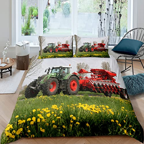 XPINGO Kinder Bettwäsche Traktor 135x200 cm 4teilig Jungen 100% Mikrofaser Sommer Weiche Winter Warm Bettbezüge mit Reißverschluss 3D Traktor Bettbezug mit 2 Kissenbezüge 80x80 cm