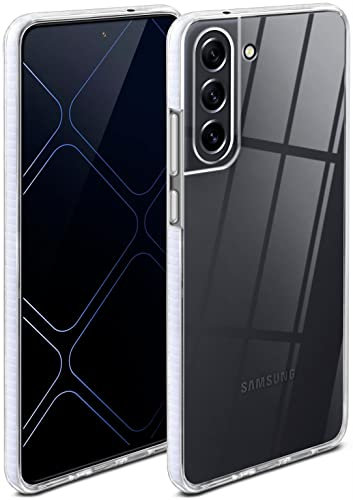 ONEFLOW Cushion Coque de protection pour Samsung Galaxy S21 FE 5G, transparente en silicone avec protection de l'appareil photo 3D, bord de protection d'écran surélevé, transparent – Blanc