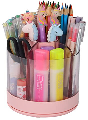 OSteed Rotating Pen Cup Holder for Desk, Pencil Storage Box, Pen Organiser, Desk Accessories for Art Craft Supply Storage, Kids Desk Tidy & Marker Supplies (6 Cups, Pink)