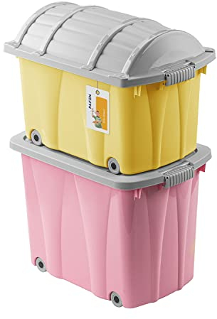 PAFEN Piraten Spielzeugkisten SET – 2x Schatzkiste 49l + 62l mit Rollen - Spielzeugbehälter Aufbewahrungsbox für Kinder Ordnungsbox, Rosa/Gelb