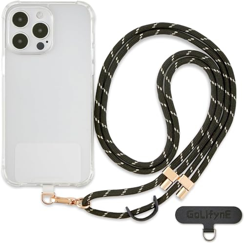Golifyne Tour de Cou Telephone Universelle Cordon Telephone Collier Longe Réglable, Lanières de Téléphone en Bandoulière Portable avec 2 Patchs - Noir/Or