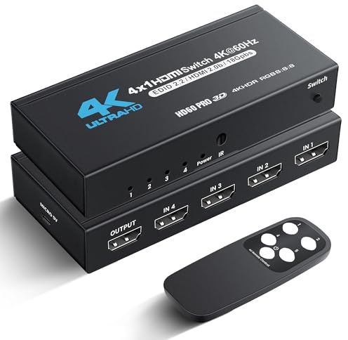 NEWCARE HDMI Switch 4 in 1 Out 4K@60Hz, 4x1 HDMI Splitter Switcher with IR Remote, 4 Port HDMI Selector Box Support HDMI2.0, Dolby Vision/Atmos, HDR10 for Switch, Xbox, PS5/4, Roku, Fire Stick