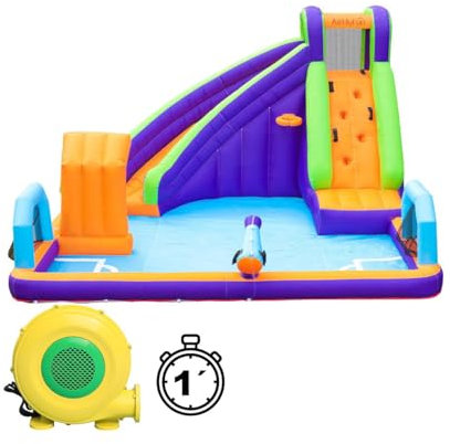 Castillo Water Goal - Hinchable de Agua Con Porterías, Canasta, Gran Tobogán, Piscina de Bolas y Zona de Escalada