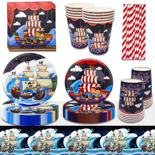 101 Vajilla de Fiesta Pirata para Cumpleaños Infantil - Vasos, Platos, Servilletas de Papel - Decoración de Cumpleaños Pirata - 20 Piezas