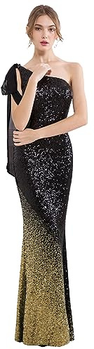 Angel-fashions Damenkleid, eine linke Schulter, geteilt, Abendkleid, Schwarz / goldfarben., XXL