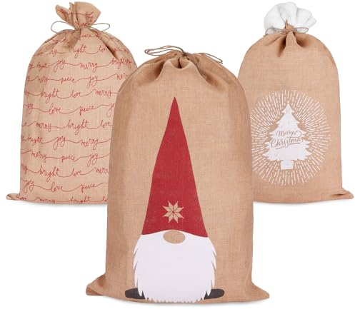 BRUBAKER 3er Set Weihnachtssack - 80 cm Geschenksack mit weihnachtlichen Motiven - Nikolausbeutel zum Befüllen und Verpacken von Geschenken - Weihnachtsdekoration Sack aus Jute