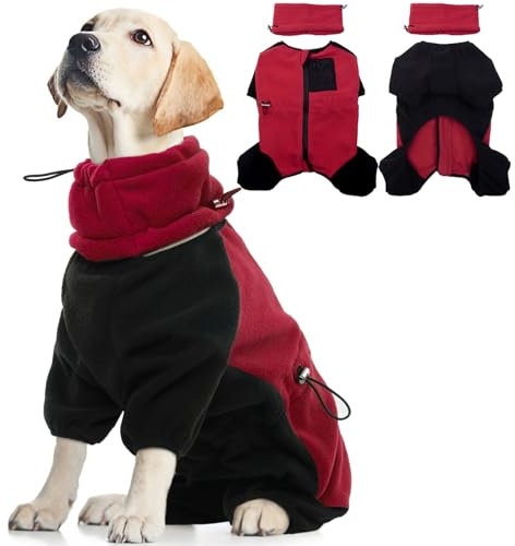 Hundejacke Winter, Winterkleidung Hund Pulli Rollkragen Mantel mit 4-Beinen & Abnehmbar Hals und Ohrenwärmer Hundemantel Fleece Winddicht Warm Hunde Overall Frühling Winter Herbst Kleidung(Rot, L)