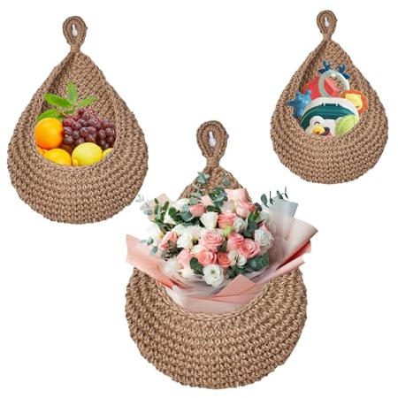 AUSYIWI Piatto da Frutta in 3 Pezzi, Cesto Portaoggetti in Cotone Intrecciato a Mano, Appendi Frutta e Verdura Boemo in Vimini
