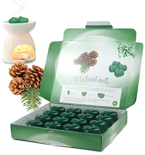 Kiefernwachsschmelzen – 16 x 5 g herzförmige Wachsschmelzen mit dem Duft von Waldkiefern-Wachsschmelzen in einer luxuriösen Geschenkbox – hergestellt in Großbritannien