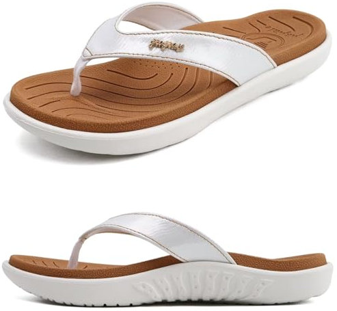jiajiale Flip Flops Damen Mode Orthopädische Leder Stoff Leicht Zehentrenner Frauen Bequeme Yoga Fußbett Badelatschen Sommer Strand Rutschfest Feste Gummi Sohle