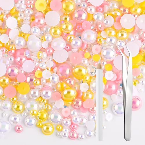 NACHLYNN 60g Perlen-Mix und Strasssteine für Bastelarbeiten – Flachrücken-Strasssteine, Halbrundperlen, Größenmix 3mm-10mm – Für DIY-Nageldesign, Schuhe, Kleidung, Tumbler & Tassen (Rosa Gelb)