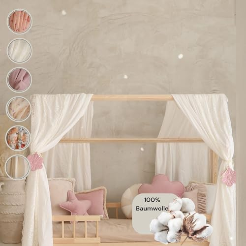Moi Mili Bettvorhänge Musselin 2er Set für Hausbett Creme Baumwolle Stoffhimmel für Kinderzimmer Dekoration Einfach zu Befestigen Boho-Design Betthimmel für Mädchen und Jungen