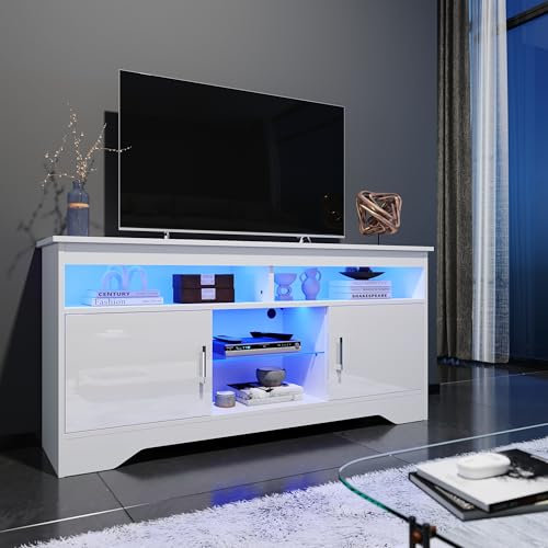 ELEGANT 1350mm Modern High Gloss TV Stand Cabinet with Ambient Light for 22-55 Flat Screen 4k TVs/LED Light TV Cabinet with Shelves and Cabinets for Living Room Bedroom, White