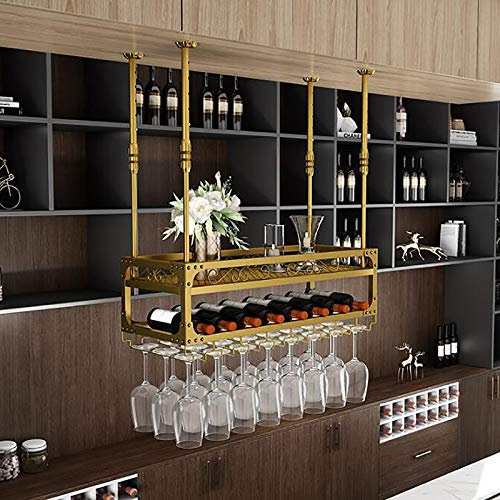 Industrielles hängendes Weinregal mit Glashalter und Regal, verstellbares Weinglasregal an der Decke, 2-lagiges Wein- und Glasregal aus Metall zur Wandmontage, Flaschenhalter aus Eisen, Weinregal