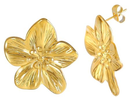 DINGFENG Blumen Ohrringe Gold Statement Ohrringe Groß, Muttertagsgeschenk Blume Tropfen Ohrringe Boho Statement Flower Earrings Hypoallergene Modeschmuck für Damen, Goldene Ohrringe Tropfenohrringe