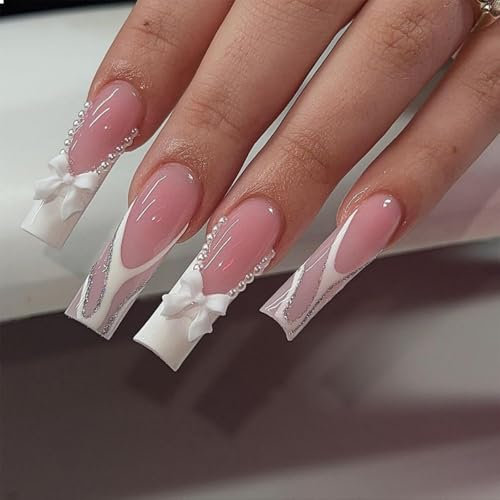 GlamRays Lot de 24 faux ongles longs carrés brillants en forme de cercueil, avec nœud et strass, en acrylique, blancs, avec perles