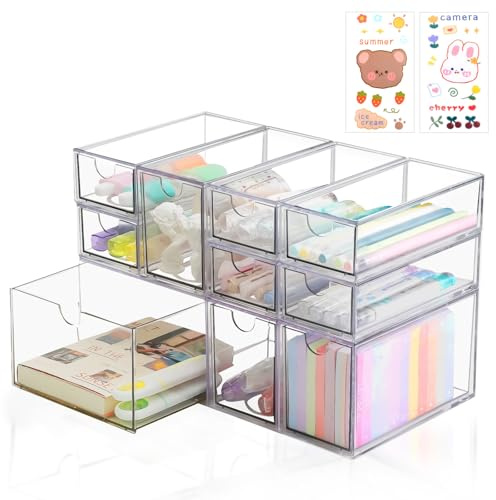Jiayaus Schreibtisch-Organizer mit 10 Schubladen, transparenter Acryl-Make-up-Organizer, stapelbare Desktop-Aufbewahrungsbox mit herausnehmbarer Schublade, geeignet für die Aufbewahrung von Kosmetika,