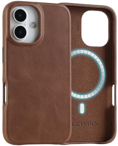 LUCKYCOIN Premium Genuine Leather Case for iPhone 16, Compatible with MagSafe, Slim Fit Shockproof Phone Case with Metal Buttons, Anti-Slip, Wireless Charging Compatible, Dark Brown