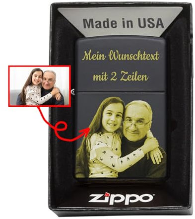 Schwarz Mattes Zippo Feuerzeug mit Lasergravur - Personalisierbar, Langlebig und Wiederbefüllbar, Gravur in Gold, Männer, Frauen. (Foto+Text)