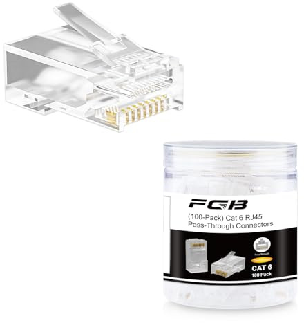 FGB 100-Pack RJ45 Cat 6 Pass-Through Connectors, RJ45 Connectors, Cat6 Connector, Gold-Plated Ethernet Crimp Plugs for Cat6/Cat5/Cat5e UTP Solid and Stranded Ethernet Cable