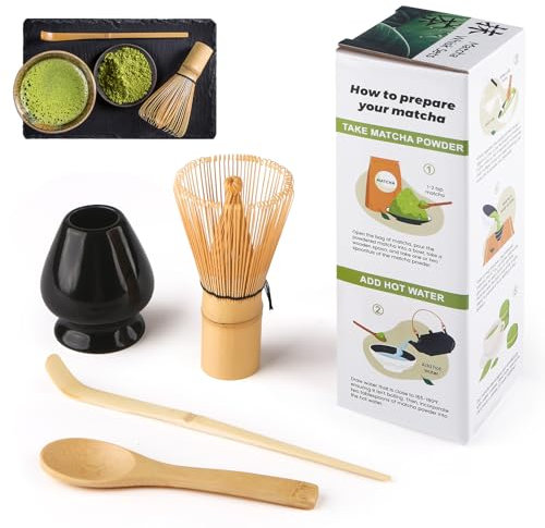 4 Piece Matcha Kit, Matcha Whisk, Macha Tea Set with Matcha Spoon, Whisk Holder, Bamboo Matcha Whisk, Matcha Accessories Traditional Japanese Tea Ceremony Best Gift for Matcha Lovers, Black