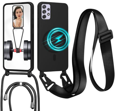 GoodcAcy Handykette für Samsung Galaxy A52 5G Hülle mit Band,Schwarz | Magnetisch Handyhülle kompatibel mit Magsafe zum Umhängen Schutzhülle mit Kette Kordel Weich TPU Liquid Flüssig Silikon Case