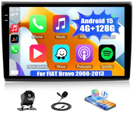 4G+128G CAMECHO Android Radio Coche para FIAT Bravo 2008-2013 con Carplay Inalámbrico Android Auto, Radio para Coche de 9 Pulgadas 2Din con GPS Navi WiFi Bluetooth FM/RDS Radio EQ SWC AHD Cámara&Mic
