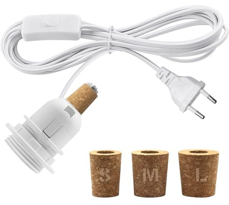 Kit Lampe Bouteille, E27 Support Ampoule avec 2.4M Câble, Douille Bouteille Lampe, Adaptateur de Bouteille, Inclus 3 Couvercles en Bois, Douille Ampoule pour Bouteille, Pour DIY Abat Jour, Blanc