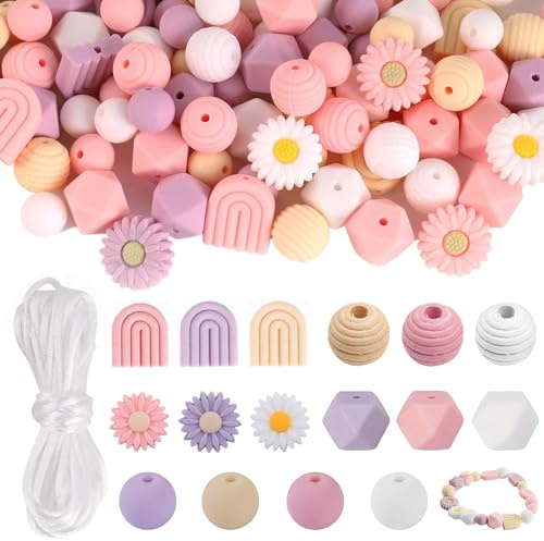 SKJJM 112 Stück Blumenförmige Silikonperlen, Gänseblümchen Bastelperlen, 4 Farben, Rund & Polygonal Bastelperlen mit Nylonseil für DIY Armbänder Stifte Schlüsselbund Handwerk Herstellung