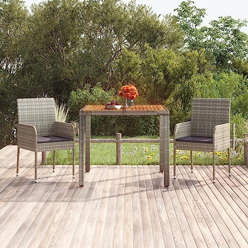 QUAHEAS Gartentisch mit Holzplatte, Grau 90x90x75 cm, Poly Rattan Esstisch für Garten, Terrasse, Balkon, wasserfest, Akazienholz-Tischplatte