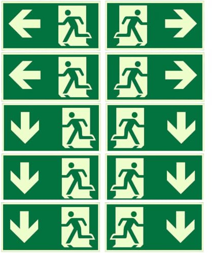 Lot de 10 panneaux de sortie de secours, phosphorescents, 300 x 150 mm | autocollants : 2 à gauche, 2 à droite, 4 en bas, 2 en haut – Film réfléchissant étanche à l'eau pour cage d'escalier, couloir