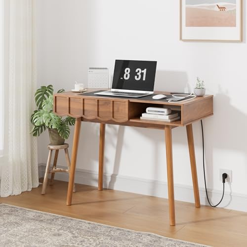 TinFrey Sekretär Schreibtisch Holz 109 cm – Retro Kleiner Schreibtisch mit Schublade & integrierte Steckdose, Laptop Tisch für Home Office, Schlafzimmer, Büro – Wellen-Schublade und offenes Fach