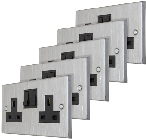 5 x Double Plug Socket Satin Chrome with Black Trim 13A Switched 2 Gang Twin