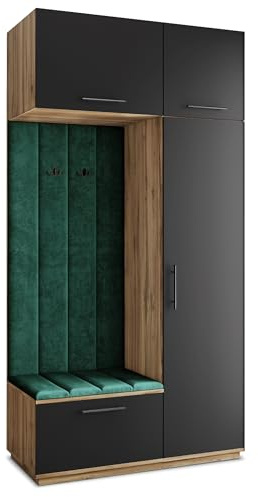 Masseno Flugarderoben Set Rema, Kleiderschrank-Set mit Sitzbank, Garderobenschrank Flur mit 5 Regalböden, Eiche Wotan/Schwarz