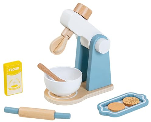 Cylosyn Wooden Mixer Toy, Pretend Play Baking Set with Wooden Mixer & Accessories, Montessori Kitchen Toy for Toddlers and Kids, Blue