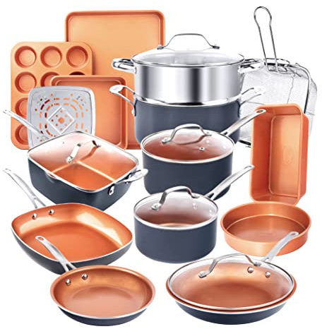 GOTHAM STEEL Ensemble de 20 casseroles et poêles, Batterie de Cuisine complète et ustensiles de Cuisson | Revêtement céramique antiadhésif en cuivre : poêles à Frire