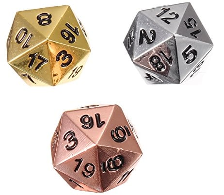 Tutoy 3Pcs Solid Metal D20 Polyhedral Dice Set Bright Kupfer Chrome Silver Gold D & D