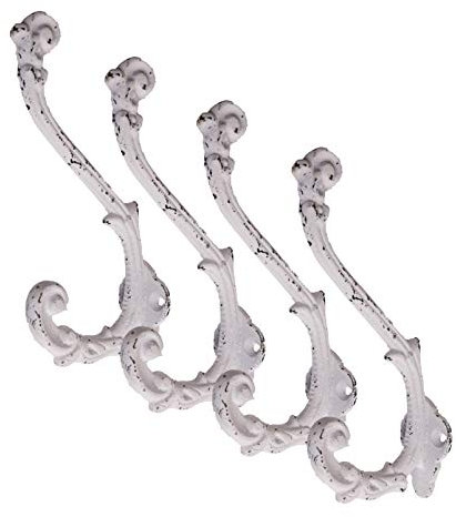 CRAFTSMAN ROAD Wandhaken aus Gusseisen, Antik-Weiß, 4 Stück - rustikal, Landhausstil, Shabby Chic, französischer Landhausstil | ideal für Mäntel, Taschen, Handtücher, Hüte | französischer Stil