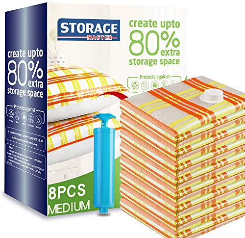 STORAGE MASTER Vacuum Storage Bags, 8-pack Medium Size Space Saver Bags 80% More Storage Space with Hand Pump (Medium 8 Pack)