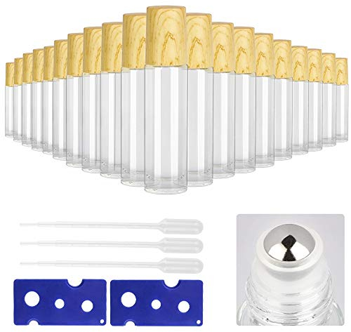 Tomorotec 20 Stück 10 ml Roll On Glasflaschen ätherische öle mit Holzmaserung-Kunststoffkappen, Vorteilsset, 2 Öffner und 3 Pipetten, Rollerball-Applikatoren aus Edelstahl