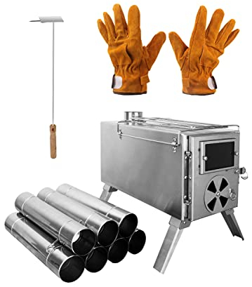 LAMA Tent Stove, Folding Stainless Steel Tent Wood Stove with Stainless Wall Chimney Pipes & Sides, Portable Wood Burner Stove for Heating Cooking Tents Shelter Garden Camping, Silver