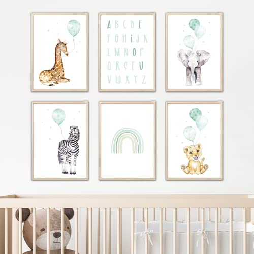 MeinBaby123® Poster Kinderzimmer | 6er Set DIN A4 Poster Set | Wandbilder | Tiere Luftballon | Deko Bilder Kinderzimmer | Babyzimmer Deko I Afrika (Tiere mit Luftballon mint)