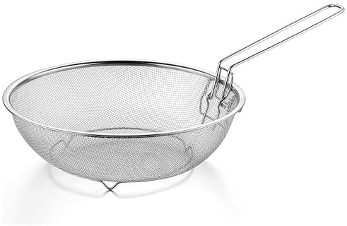 Space Home - Cestillo para Freír con Mango Plegable y Enganche para la Sartén - Cesta Freidora Redonda - Acero Inoxidable - 23 cm