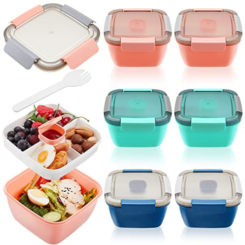 Tessco for you 6 Pcs Salad Lunch Container 50 oz Salad Container with 3 Compartment Reusable Bento Box for Adults Stackable Lunch Bowl for Meal Snack Fruit(Pink,Blue,Green)