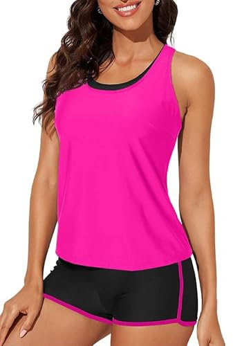 Bsubseach Women Tankini Swimwear Two Piece Bathing Suits Sport Swimming Suit with Shorts Rose M