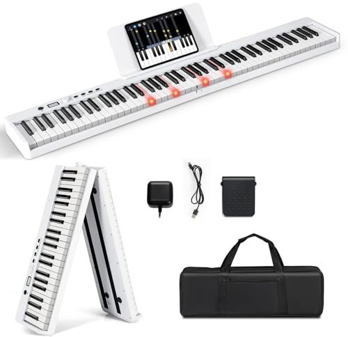 RELAX4LIFE Teclado Electrónico Plegable con 88 Teclas, Piano Digital con Bolsa y Lectura, Pantalla LCD y Teclas Iluminadas LED, Piano Digital con 2 Modos de Enseñanza (Blanco)