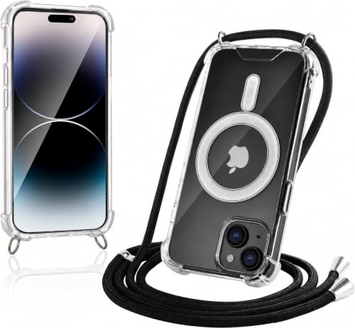 JProtect für iPhone 14 Plus Hülle mit Band und MagSafe – Magnetische Handykette für iPhone 14 Plus Magnet – Durchsichtige Umhängehülle Band Schwarz – Kette Handyhülle für MagSafe Zubehör