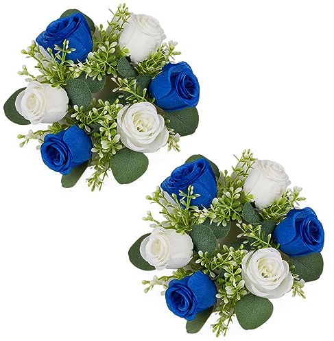 NUPTIO Artificial Flowers Wreath for Decoration - 2 Pcs 22cm Diameter Small Royal Blue & White Fake Roses Wedding Centrepieces for Tables Spring Summer Wreaths for Front Door Weddings Party Ceremony