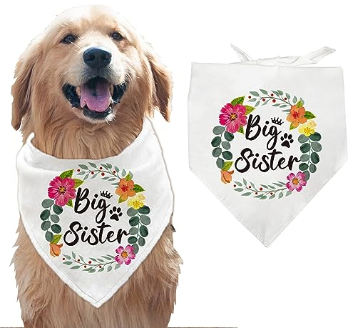 arricraft 1 Stück Hund Haustier Bandana, Weißes Baumwoll-Dreiecks-Haustier-Bandana Große Schwester Mit Worten Blumen, Waschbar, Für Welpen Katzen, Zubehör Für Hunde Und Katzen, Geschenke, 55x55x78cm